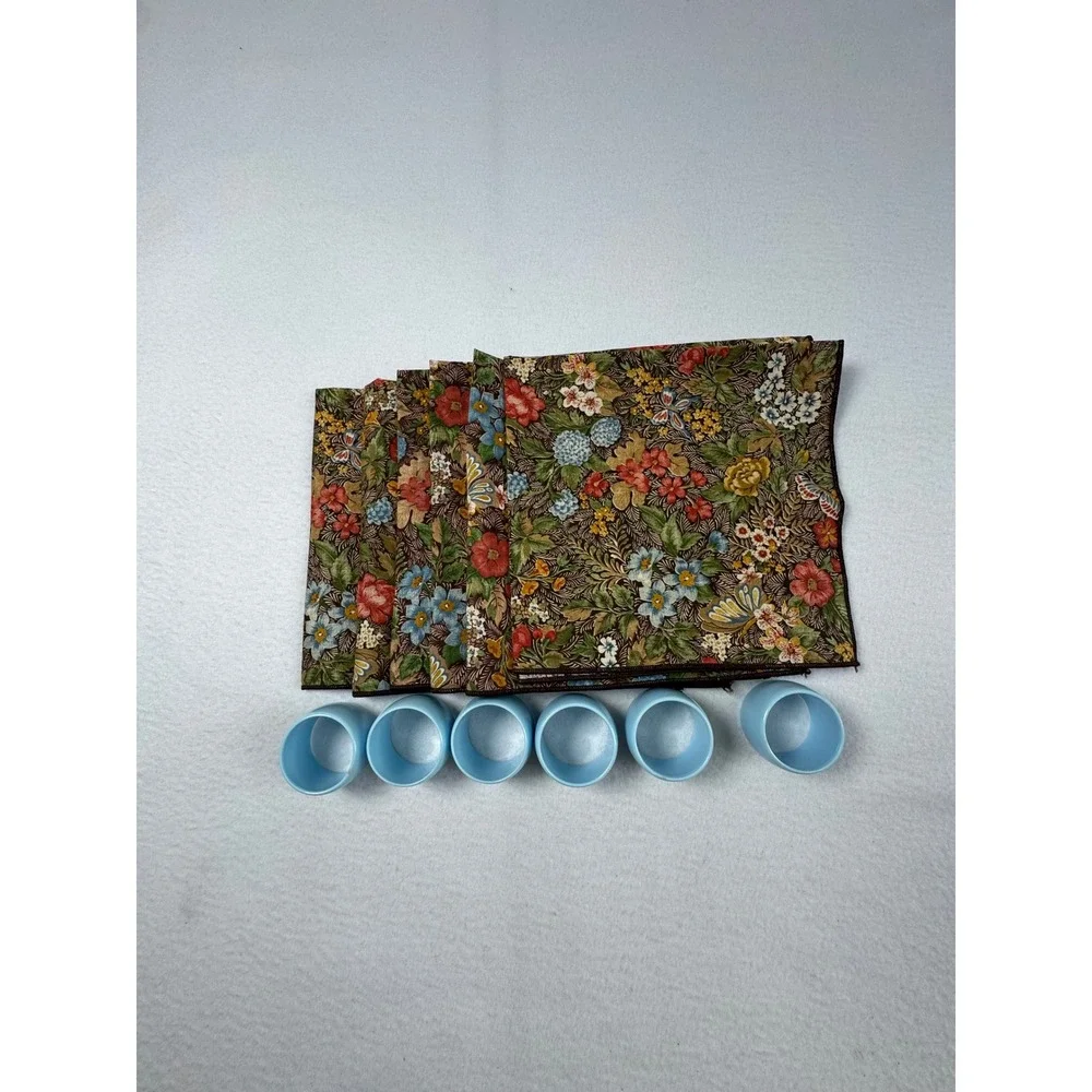 Nature Cottagecore‎ Napkin and Ring Set Blue Floral Botanical Butterfly 12pc